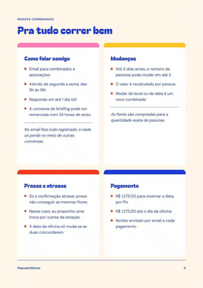 Combinados de contato, ajustes, prazos e pagamento