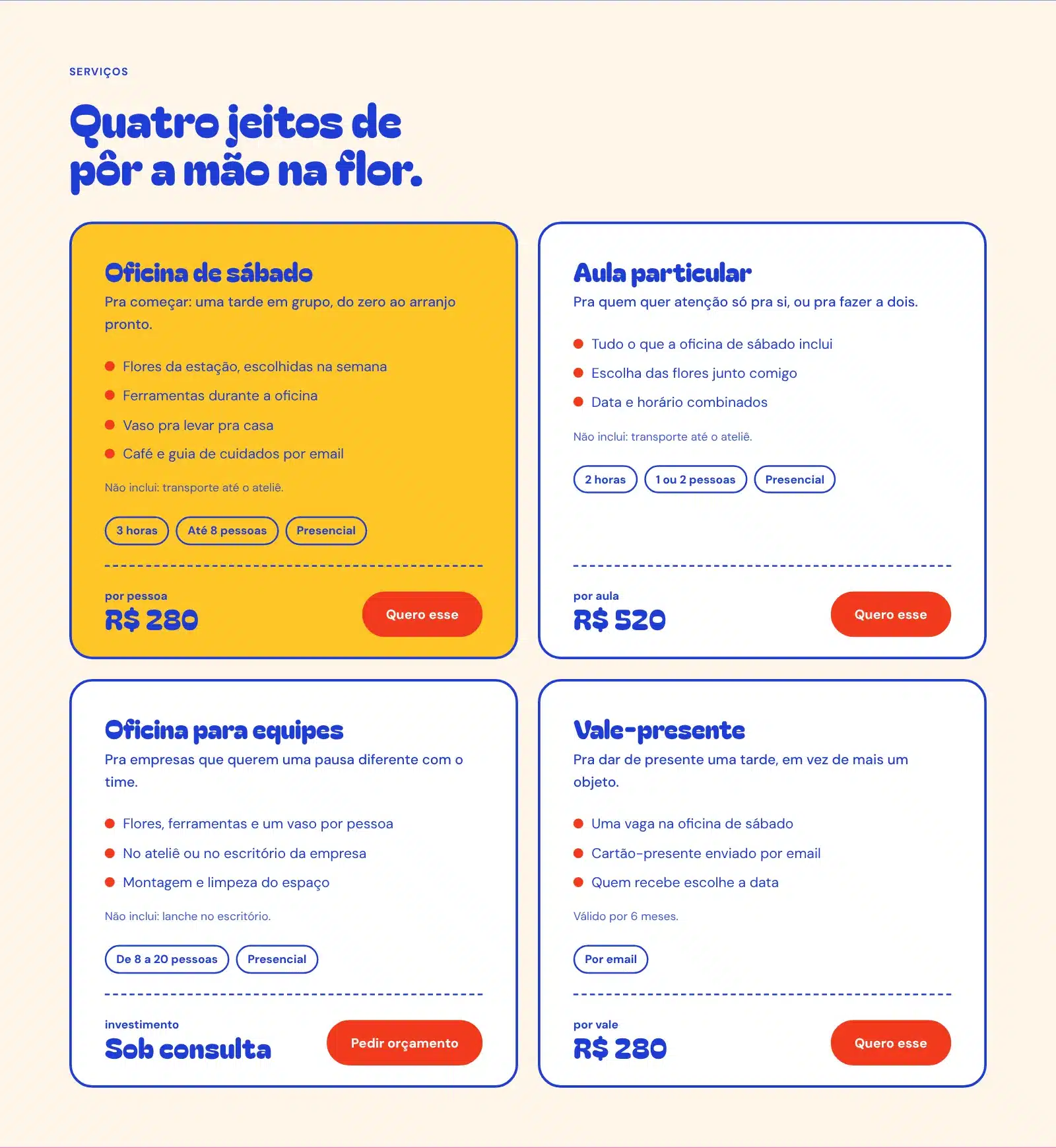 Seção de serviços com quatro cartões de preço
