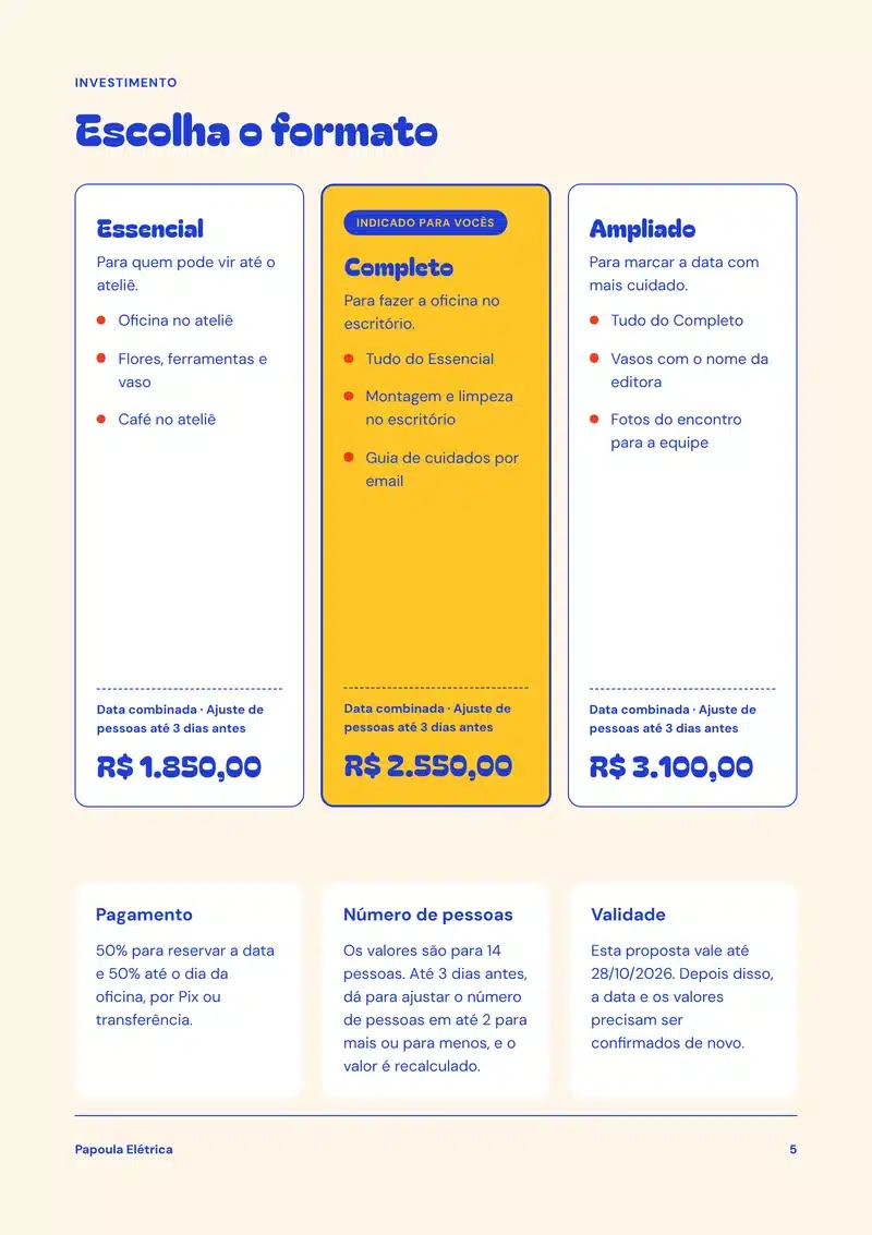 Página de investimento com três pacotes