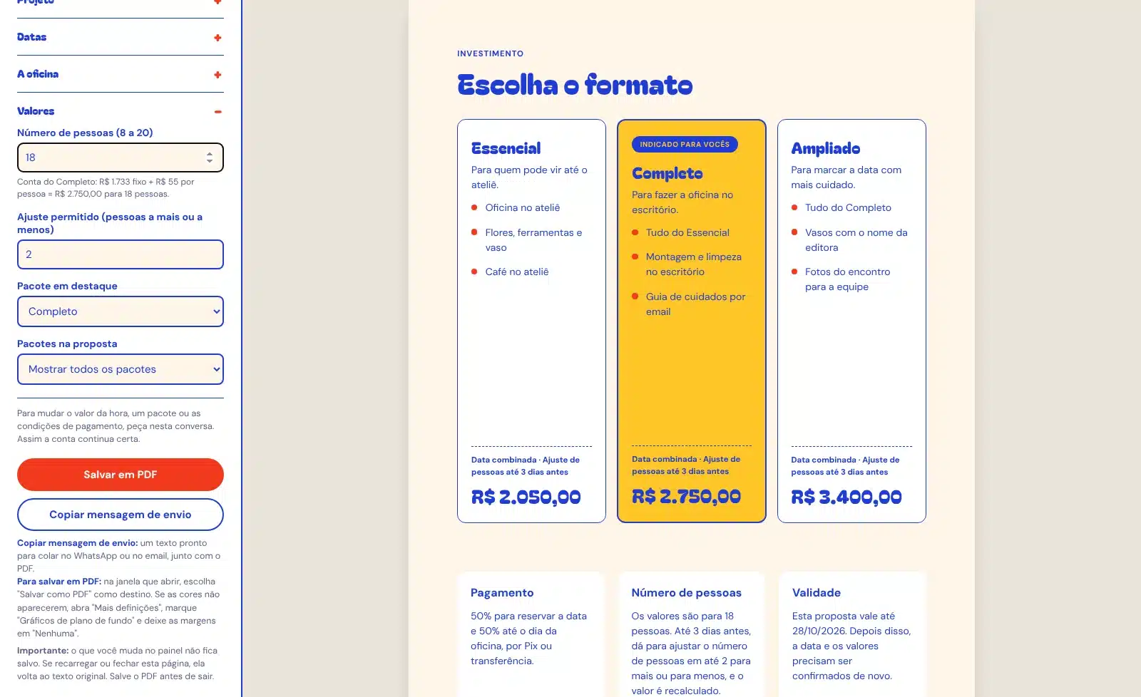 Painel de edição da proposta ao lado da capa