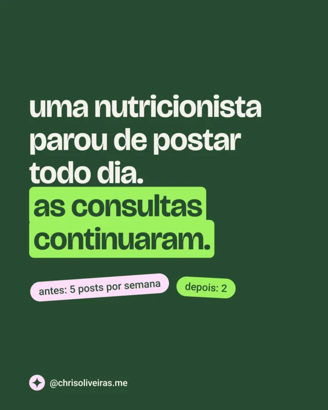 essa regra de postar todo dia nunca chegou por carta oficial. chegou em pedaços: um vídeo de quem triplicou o alcance postando três vezes ao dia, uma agência dizendo que consistência é tudo.nada disso é mentira. só foi dito pra outro tipo de negócio.se você vende um serviço, duas publicações bem pensadas por semana seguram o negócio, desde que exista alguma coisa esperando do outro lado do clique.comenta LISTA que eu te mando no direct como colocar sua primeira lista de email funcionando em 5 dias, 20 minutos por dia, de graça.