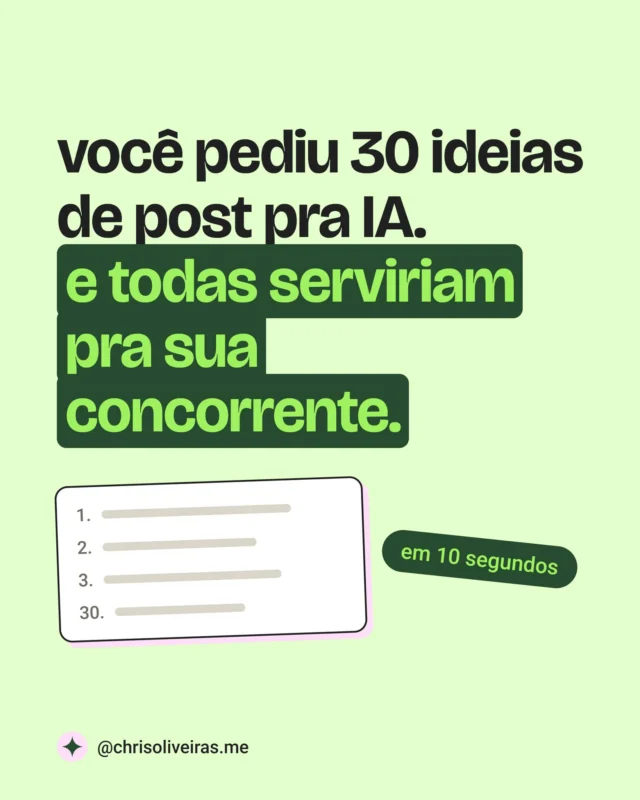 🤖 pedir 30 ideias de post pra IA parece resolver o mês. só que a lista serviria pra qualquer pessoa da sua área, porque a IA não sabe nada sobre a sua marca.

dá pra corrigir contando pra ela o que você defende, quem é o seu público e o que já publicou. o difícil é fazer isso toda vez.

o Brand to Content guarda tudo isso a partir de uma entrevista que você faz uma única vez, e as ideias já saem partindo da sua marca.

📌 comenta SISTEMA que eu te mando a página com tudo o que vem nele.
